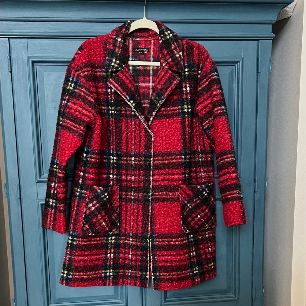 CHARLIE B Red and Black Plaid Pea Coat
